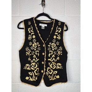 Arriviste Black Gold Embroidered Sweater Vest L Ramie Cotton Vtg Boho Folk Art